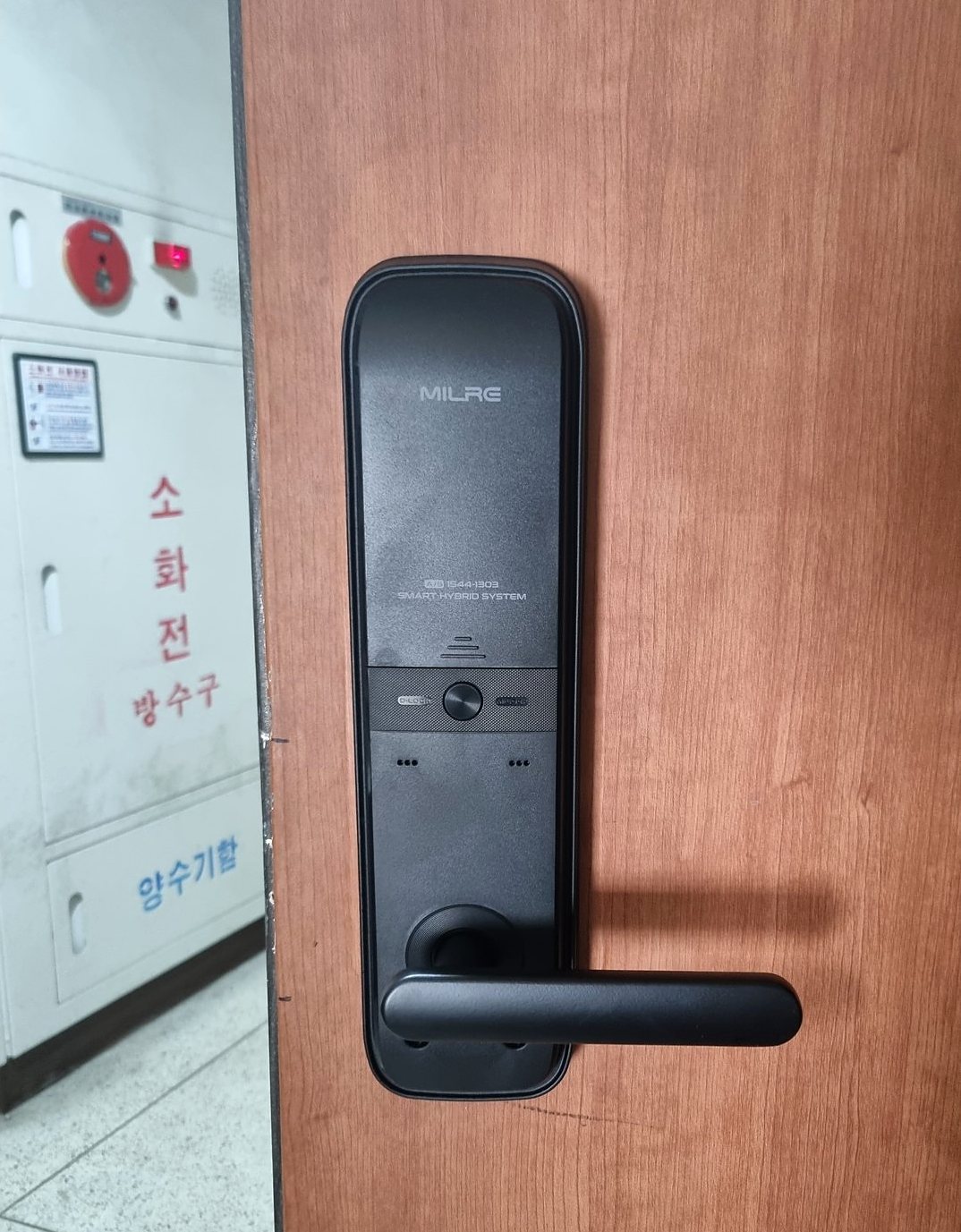 일산서구 일산1동 출장 — 나무결 문에 달린 검은 레버형 도어락과 문 옆 소화전함